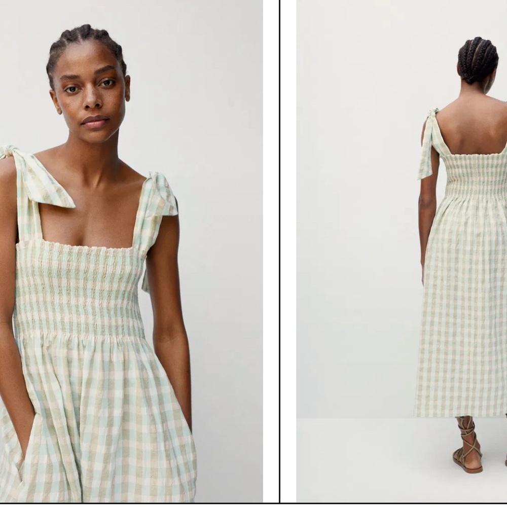 Mango “Vichy” Green and Tan Midi Dress